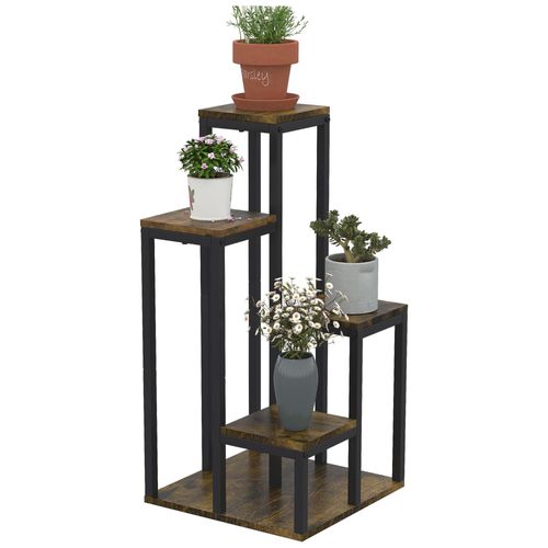 Support  Fleurs Style Industriel 5 Niveaux - Porte Plante 4 tagres - Acier poxy Noir Aspect Bois Fonc