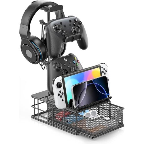 Support Casque Gamer avec Tiroir,Support Manette PS5 avec Barre de Support en Aluminium et Organisateur de Cbles,Porte Casque avec Rangement Bureau,Organisateur de Bureau pour Xbox PS4,Noir