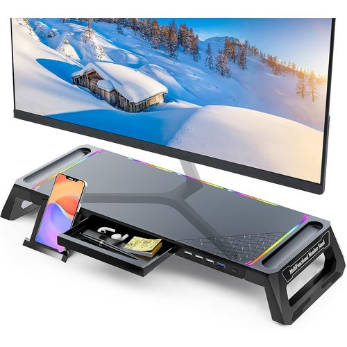 Support de Moniteur d'ordinateur de Bureau avec Hub USB 3.0&2.0 et Lumire RVB,Rehausseur d'cran Pliable avec Tiroir de Rangement,Support Tlphone et Porte-Plume pour PC/Laptop/iMac-Noir