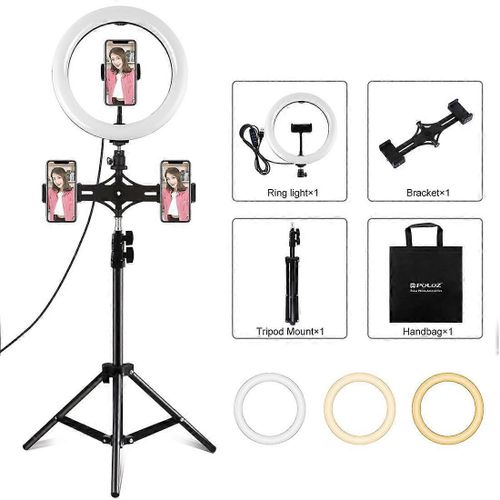 Support horizontal de support de tlphone double PULUZ + support de trpied de 1,1 m + 10,2 pouces 26 cm anneau LED Vlogging vido Kits de diffusion en direct (noir)