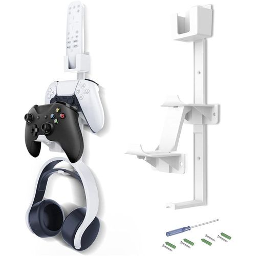 Support Mural Pour Ps5/Ps4/Ns Switch/Xbox One/Xbox Series X&s/Pc/Steam Et Plus Encore Support Avec Manette De Jeu/Casque/Tlcommande Multimdia, Blanc