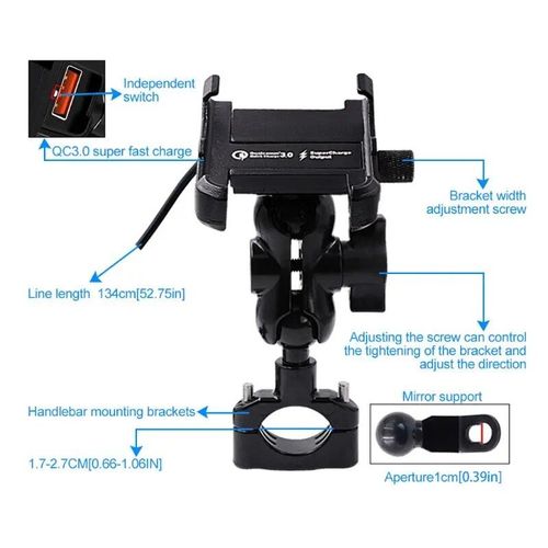 Support Pour Un Smartphone Sur Une Moto,Mtal tanche,Chargeur Rapide Qc,Peut Se Placer Sur Le Miroir Du Guidon Pour Tenir Le Tlphone,Avec Un Port De Charge 3.0 Usb - Type Black #A