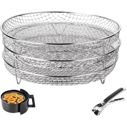 Support rond pour friteuse  air comprim compatible avec Ninja,accessoires de friteuse  air empilable  trois couches,panier de friteuse  air en acier inoxydable,grille de