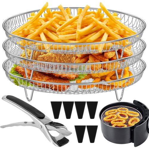 Support rond pour friteuse  air comprim Ninja  3 couches avec 6 pieds surlevs,1 clip en acier inoxydable pour la cuisson,la friteuse  air chaud (rond)