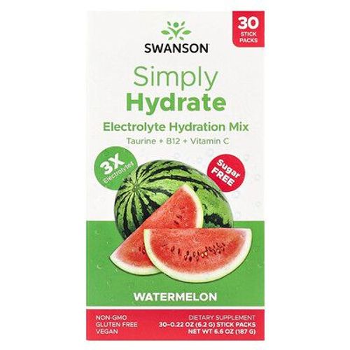Swanson, Simply Hydrate, Mlange D'hydratation Et D'lectrolytes, Sans Sucre, Pastque, 30 Sachets En Stick, 6,2 G Chacun