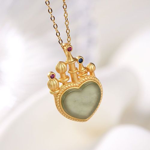Synthtique Hetian Blanc Jade Amour Chteau Pendentif Ancienne Mthode Gilt Artisanat Incrust Synthtique Jaspe Coeur Collier Lvn4856