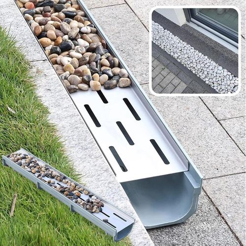 Systme de drainage de tranche pour remplissage de galets, kit de caniveaux de drainage en bton avec grille en acier inoxydable, bac de drivation d'eau pour sol extrieur (dimensions : 10 x 10