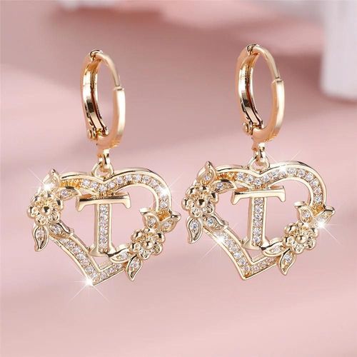 T - Boucles D'oreilles Croles En Forme De C?ur Et De Fleur Pour Femmes,A-Z 26 Lettres,Couleur Or Jaune,Zircon Blanc,Bijoux De Mariage Pour Femmes