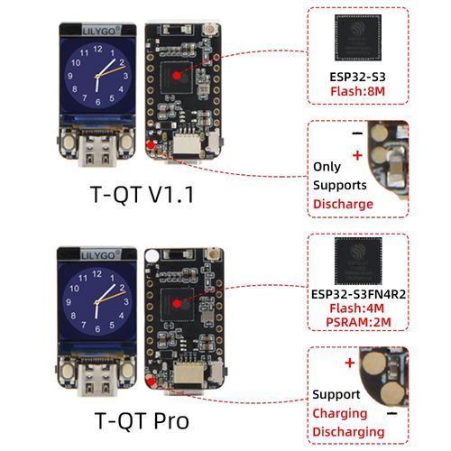 T-QT V1.1 ou Pro ESP32-S3 GC9knit 0.85 pouces LCD Display Tech Development Board WIFI Bluetooth Plein document 128*128 cran