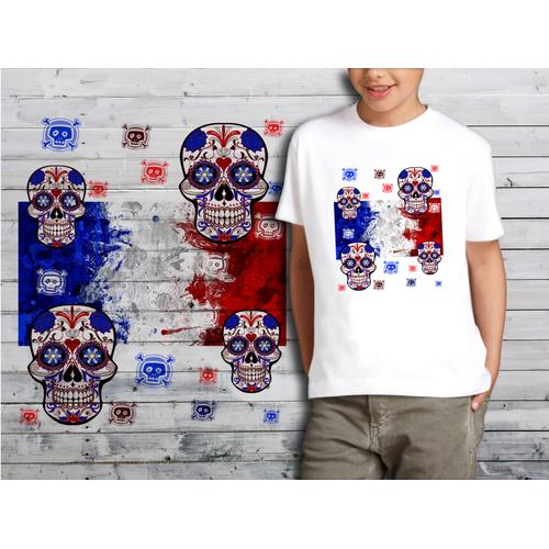 T-Shirt Blanc Enfant Taille 10-12 Ans Collection Drapeau Mexican Skull 23 France