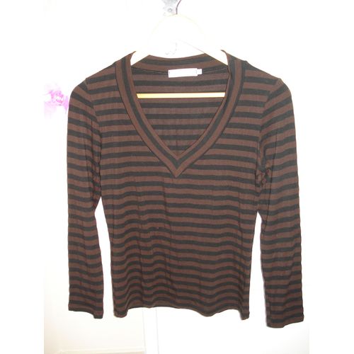 T-Shirt Cache-Cache, Col V  Rayures Marron/Noir - Taille L