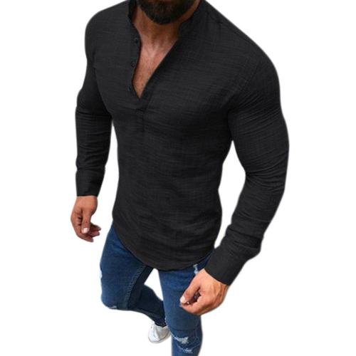 T-Shirt En Collant De Couleur Pure  La Mode Pour Homme Vestes Chemises Pulls  Boutons  Longues Manches De Col En V Formels Pour Grande Taille Noir Xxl