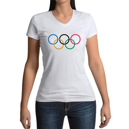 T-Shirt Femme Col V Anneaux Olympiques Jeux Olympiques Tokyo 2020 Sport