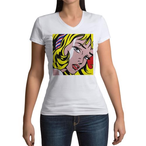T-Shirt Femme Col V Girl With Hair Ribbon / By Roy Lichtenstein / Pop Art / Comics