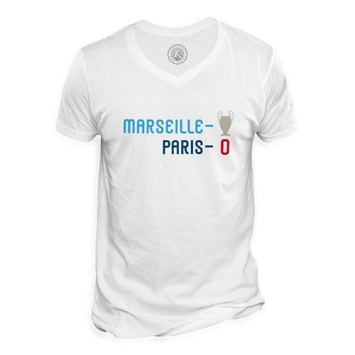 T-Shirt Homme Col V Marseille 1 - Paris 0 Sport Foot Champion Ballon C1