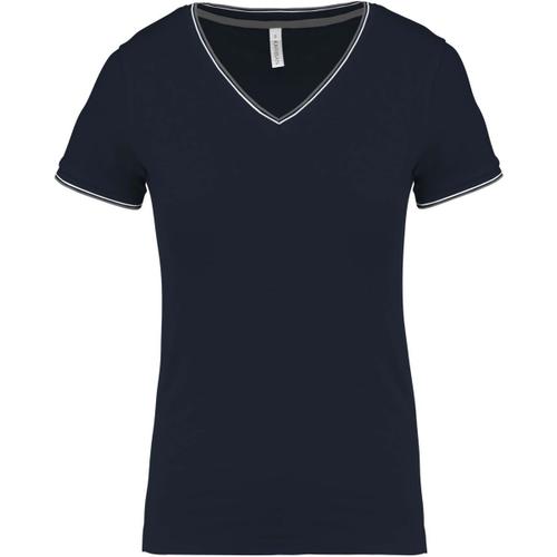 T-Shirt Manches Courtes Coton Piqu? Col V K394 - Bleu Marine Grey - Femme