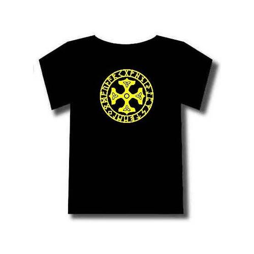 T-Shirt Noir 4 Marteaux De Thor En Croix Dans Un Cercle De Runes. Motif Jaune. 100% Coton.