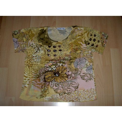 T-Shirt Tee Shirt Manches Courtes Jaune Rose Et Vert Motif Diffrentes Fleurs Christine Laure Taille 40/42