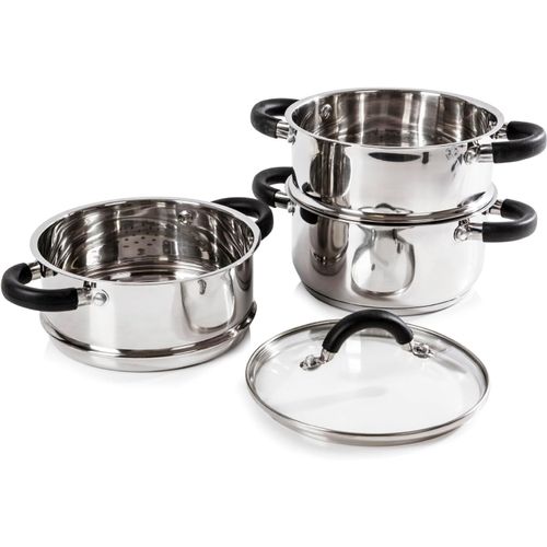 T80836 Essentials Cuiseur Vapeur  Induction  3 tages En Inox -Avec Couvercle En Verre, Poignes En Silicone - lectrique - Finition Poli-Miroir, 18 Cm, Argent[Ind6230061]