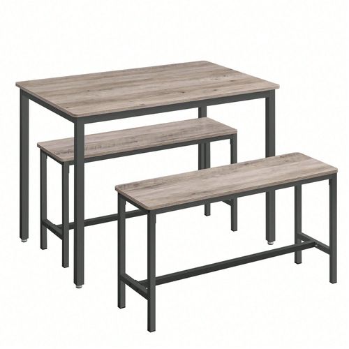 Table  Manger Avec 2 Bancs, Table De Salle  Manger De 70 X 110 X 75 Cm, 2 Bancs De 30 X 97 X 50 Cm, Cadre En Acier, Grge Chin Et Noir D'encre
