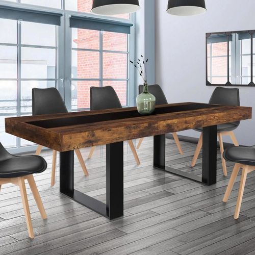 Table  Manger Extensible Rectangle Phoenix 6-10 Personnes Bois Effet Vieilli Et Noir Bande Centrale Noire 160-200 Cm