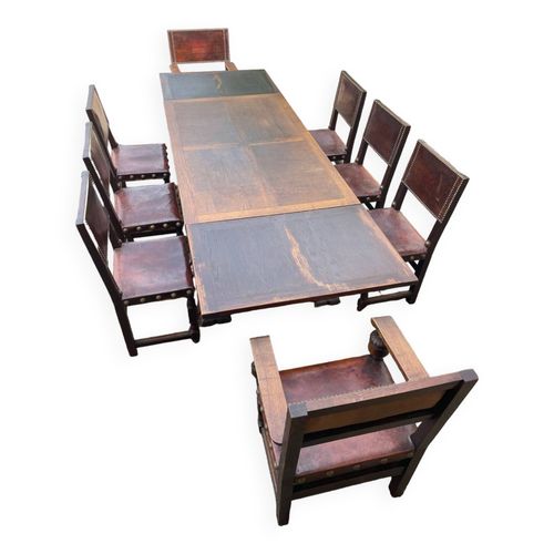 Table Ancienne Avec 6 Chaises Et Deux Fauteuils En Vritable Cuir Bois