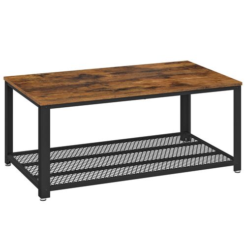 Table Basse  2 Niveaux Effet Bois Cadre En Fer Marron Rustique Noir