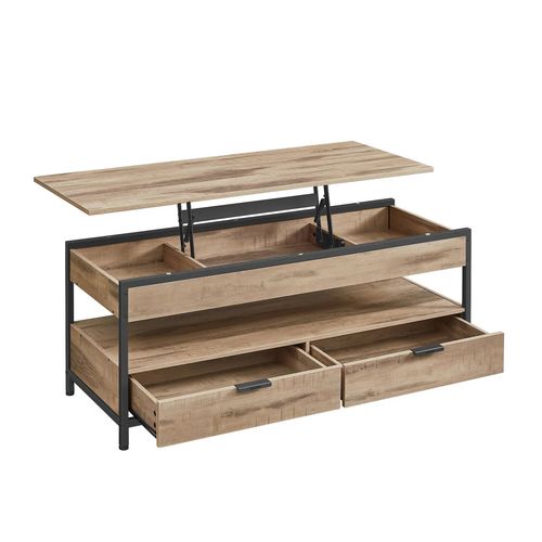 Table Basse Avec Plateau Relevable, Tiroirs De Rangement, Avec Rangement Ouvert Et Compartiment Cach, 50 X 120 Cm, Marron Camel Et Noir DEncre