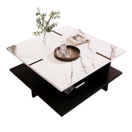 Table Basse Carre Simple Au Design Noir Et Blanc Avec Aspect Marbre Blanc