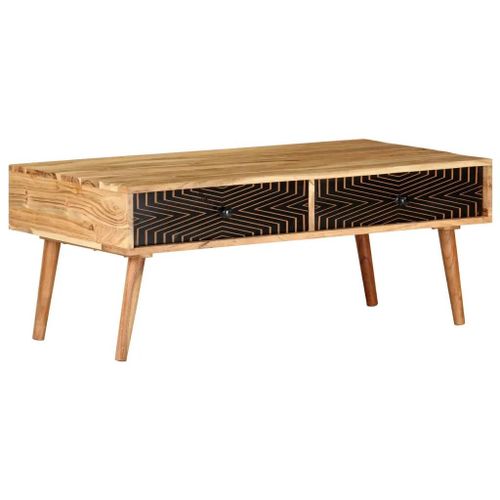 Table Basse En Bois D'acacia Massif | 100x50x39 Cm, Compacte, 2 Tiroirs, Gain De Place, Multifonctionnelle