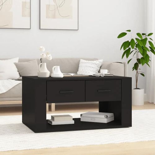 Table Basse En Bois D'ingenierie Noir | 80x50x40 Cm, 2 Tiroirs, Compacte, Gain De Place, Multifonctionnelle