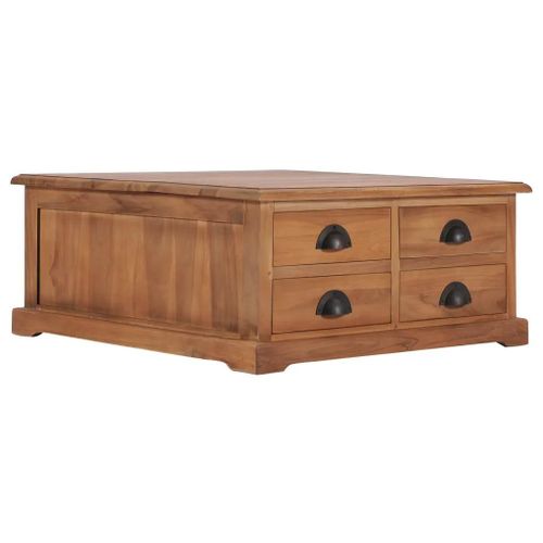 Table Basse En Bois De Teck Massif | 68x68x30 Cm, 4 Tiroirs, Style Colonial, Compact, Gain De Place, Multifonctionnel