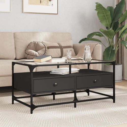 Table Basse En Verre Noir Et Acier | 98,5x50x45 Cm, Design Elegant, Surface Spacieuse, Cadre Robuste, Gain De Place