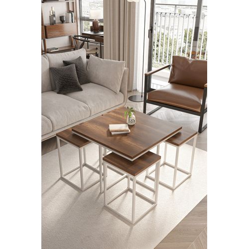 Table Basse Gigogne Bois Fonce Et Metal Blanc - Lot 4 Pieces Design Salon