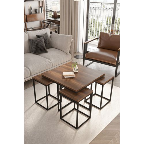 Table Basse Gigogne Bois Fonce Et Metal Noir - Lot 4 Pieces Design Salon