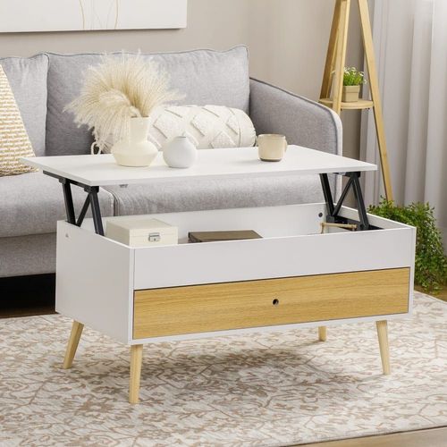 Table Basse Relevable - Tiroir, Coffre - Blanc Aspect Bois Clair