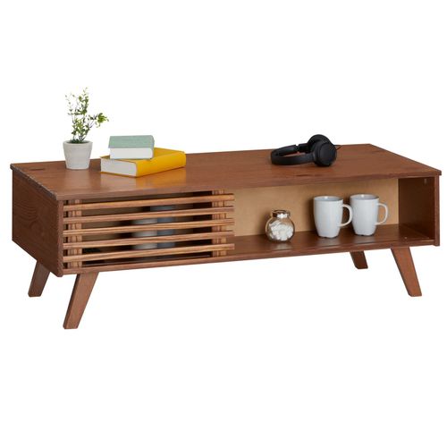 Table Basse Sean Table De Salon Rectangulaire Design Vintage, 4 Niches Et Des Portes Coulissantes Ajoures, En Pin Lasur Brun Fonc