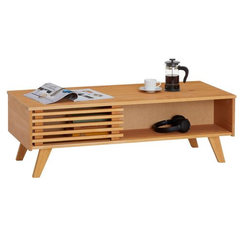 Table Basse Sean Table De Salon Rectangulaire Design Vintage, Avec 4 Niches Et Des Portes Coulissantes Ajoures, En Pin Teint/Cir