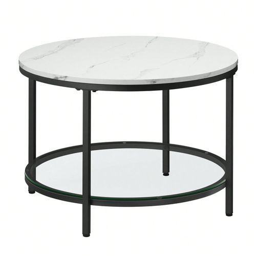 Table Basse, Faon Marbre, Support En Verre Tremp, Facile  Assembler, Style Moderne, Blanc Marbr Et Noir D'encre