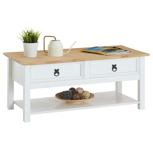 Table Basse Tequila Table De Salon Rectangulaire Style Mexicain, Avec 2 Tiroirs Et 1 tagre Infrieure, En Pin Massif Blanc Et Brun