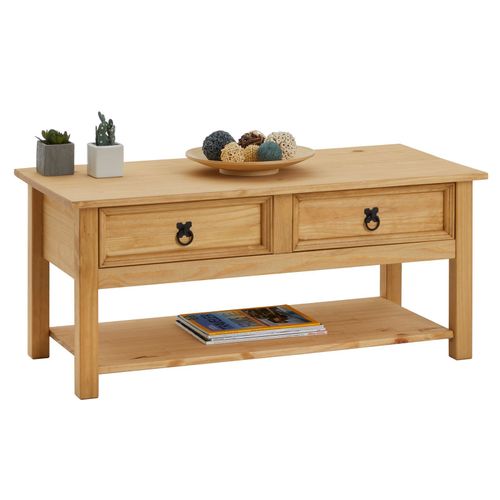 Table Basse Tequila Table De Salon Rectangulaire Style Mexicain, Avec 2 Tiroirs Et 1 tagre Infrieure, En Pin Massif Teint/Cir