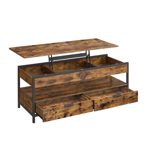 Table Basse, Tiroirs De Rangement, Avec Rangement Ouvert Et Compartiment Cach, 50 X 120 Cm, Marron Rustique Et Noir D'encre