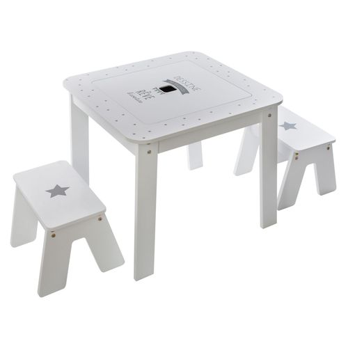 Table Bureau Avec Tabourets Enfant Douceur - L. 57 X H. 51 Cm - Blanc Et Gris