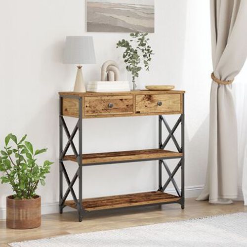 Table Console En Bois Ancien Et Acier | 75x28x75 Cm, Style Industriel Vintage, 2 Tiroirs De Rangement, Compacte, Gain De Place, Multifonctionnelle