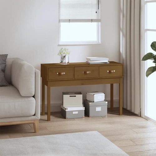 Table Console En Bois Massif De Pin Miel | 114x40x75 Cm, 3 Tiroirs, Gain De Place, Multifonctionnel Pour Salon Ou Bureau