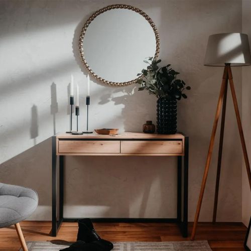 Table Console En Chene Artisanal Et Mdf | Denver 44, 2 Tiroirs, Style Industriel, Gain De Place, Compacte