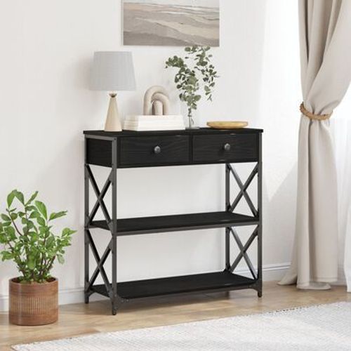 Table Console En Chene Noir Et Acier | 75x28x75 Cm, 2 Tiroirs, Compacte, Gain De Place, Multifonctionnelle