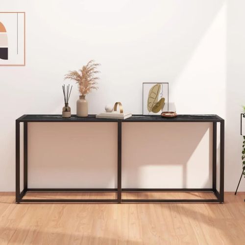 Table Console En Marbre Noir Et Verre Trempe | 180x35x75,5 Cm, Design Elegant, Structure En Acier Poudre, Facile A Nettoyer, Gain De Place