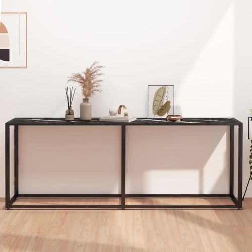 Table Console En Marbre Noir Et Verre Trempe | 200x35x75,5 Cm, Design Elegant, Structure En Acier Robust