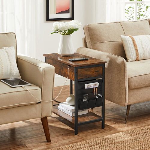 Table D'appoint Avec Multiprise Effet Bois Marron Rustique